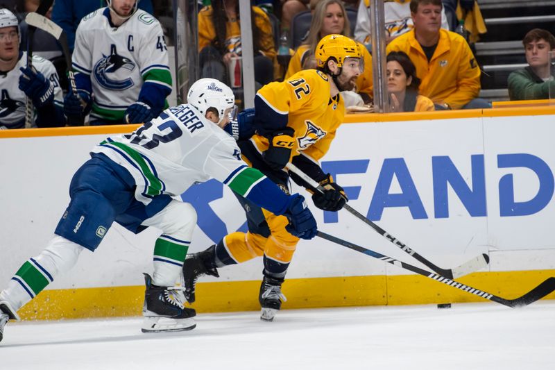 May 3, 2024; Nashville, Tennessee, USA; Nashville Predators center Tommy Novak (82) skates with the puck against the Vancouver Canucks during the third period in game six of the first round of the 2024 Stanley Cup Playoffs at Bridgestone Arena. Mandatory Credit: Steve Roberts-USA TODAY Sports