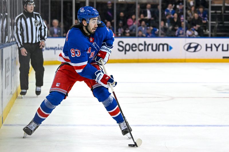 Dec 2, 2024; New York, New York, USA;  New York Rangers center Mika Zibanejad (93) skates across the blue line against the New Jersey Devils during the second period at Madison Square Garden. Mandatory Credit: Dennis Schneidler-Imagn Images