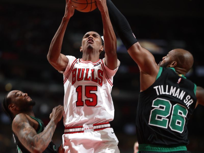 CHICAGO, IL - FEBRUARY 22: Julian Phillips #15 of the Chicago Bulls drives to the basket during the game against the Boston Celtics on February 22, 2024 at United Center in Chicago, Illinois. NOTE TO USER: User expressly acknowledges and agrees that, by downloading and or using this photograph, User is consenting to the terms and conditions of the Getty Images License Agreement. Mandatory Copyright Notice: Copyright 2024 NBAE (Photo by Jeff Haynes/NBAE via Getty Images)