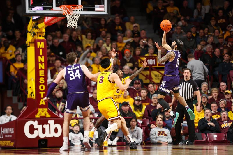 Feb 3, 2024; Minneapolis, Minnesota, USA; Northwestern Wildcats guard Boo Buie (0) shoots against the Minnesota Golden Gophers during the first half at Williams Arena. Mandatory Credit: Matt Krohn-USA TODAY Sports