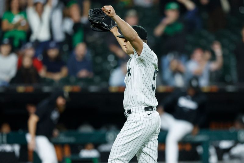 Sep 16, 2023; Chicago, Illinois, USA; Chicago White Sox relief pitcher Tanner Banks (57) celebrates the Chicago White Sox win against the Minnesota Twins at Guaranteed Rate Field. Mandatory Credit: Kamil Krzaczynski-USA TODAY Sports