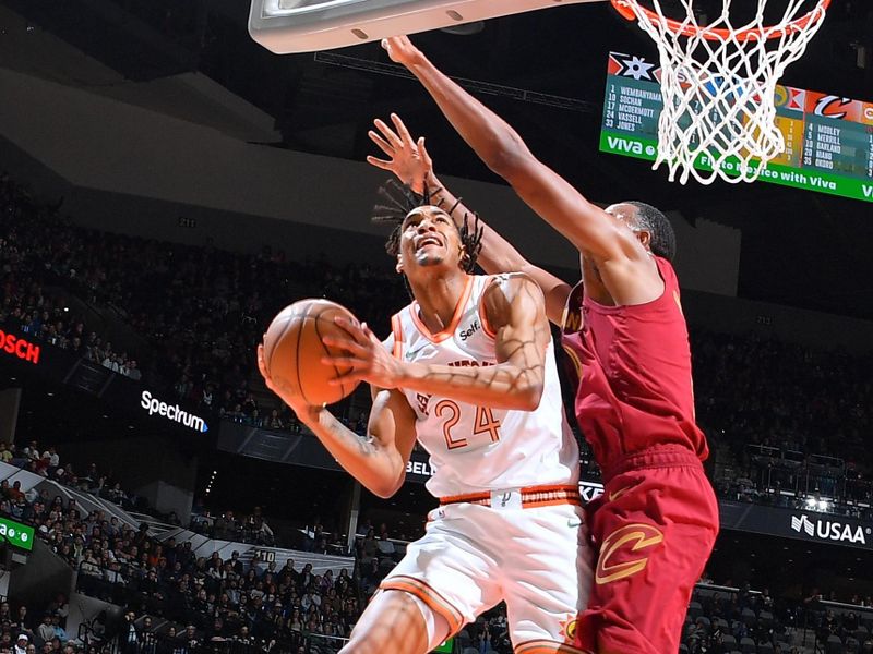 SAN ANTONIO, TX - FEBRUARY 3: Devin Vassell #24 of the San Antonio Spurs drives to the basket during the game against the Cleveland Cavaliers on February 3, 2024 at the Frost Bank Center in San Antonio, Texas. NOTE TO USER: User expressly acknowledges and agrees that, by downloading and or using this photograph, user is consenting to the terms and conditions of the Getty Images License Agreement. Mandatory Copyright Notice: Copyright 2024 NBAE (Photos by Michael Gonzales/NBAE via Getty Images)