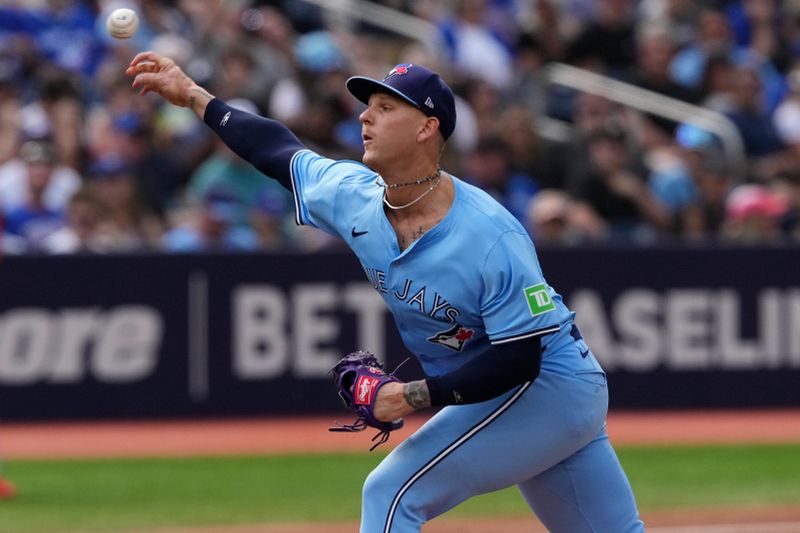 Aug 24, 2024; Toronto, Ontario, CAN; Toronto Blue Jays starting pitcher Bowden Francis (44) throws a pitch against the Los Angeles Angels to get his 100th career strikeout during the  third inning at Rogers Centre. Mandatory Credit: John E. Sokolowski-USA TODAY Sports