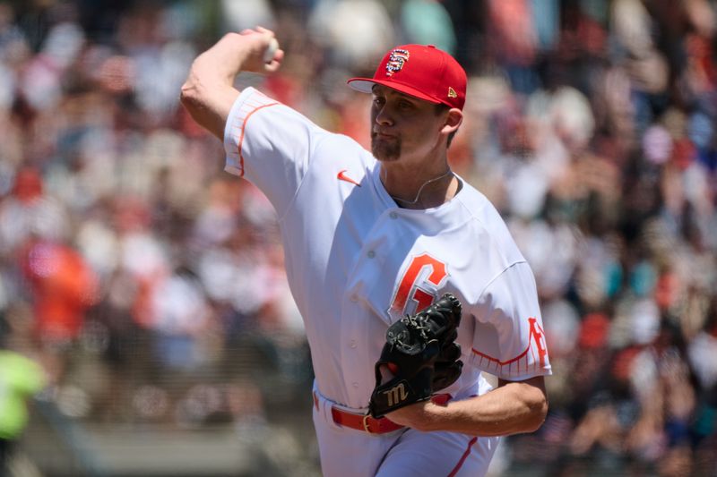 Jul 4, 2023; San Francisco, California, USA; San Francisco Giants starting pitcher Keaton Winn (67) throws a pitch against the Seattle Mariners during the first inning at Oracle Park. Mandatory Credit: Robert Edwards-USA TODAY Sports