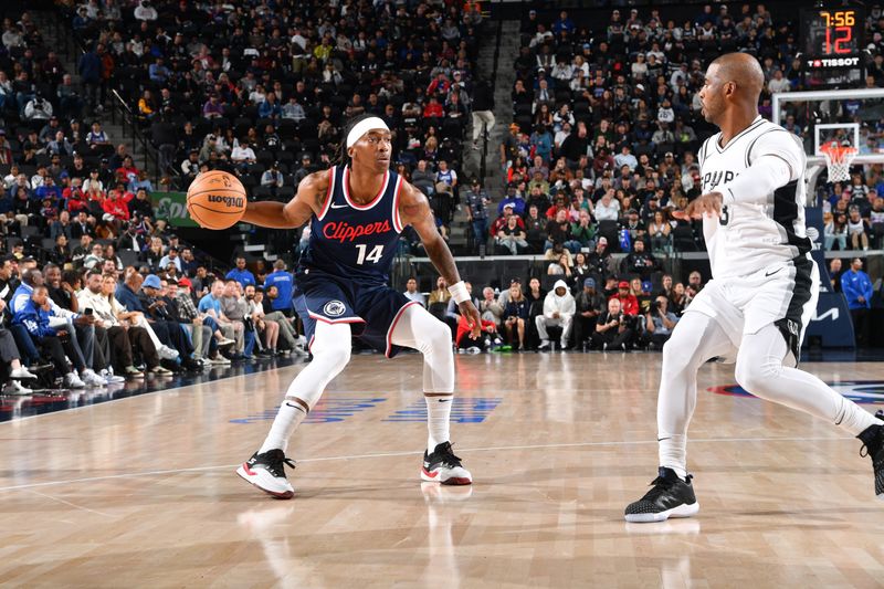 INGLEWOOD, CA - NOVEMBER 4: Terance Mann #14 of the LA Clippers dribbles the ball during the game against the San Antonio Spurs on November 4, 2024 at Intuit Dome in Los Angeles, California. NOTE TO USER: User expressly acknowledges and agrees that, by downloading and/or using this Photograph, user is consenting to the terms and conditions of the Getty Images License Agreement. Mandatory Copyright Notice: Copyright 2024 NBAE (Photo by Juan Ocampo/NBAE via Getty Images)