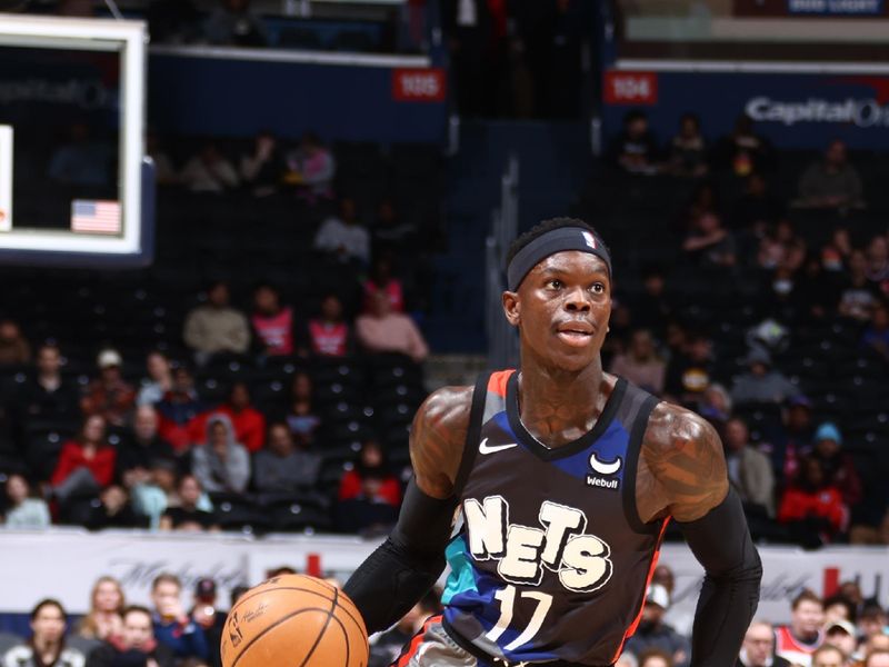 WASHINGTON, DC -? MARCH 27: Dennis Schroder #17 of the Brooklyn Nets drives to the basket during the game against the Washington Wizards on March 27, 2024 NBAE at Capital One Arena in Washington, DC. NOTE TO USER: User expressly acknowledges and agrees that, by downloading and or using this Photograph, user is consenting to the terms and conditions of the Getty Images License Agreement. Mandatory Copyright Notice: Copyright 2024 NBAE (Photo by Kenny Giarla/NBAE via Getty Images)