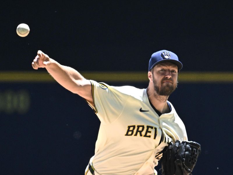 May 30, 2024; Milwaukee, Wisconsin, USA; Milwaukee Brewers starting pitcher Colin Rea (48) delivers a pitch against the Chicago Cubs in the first inning at American Family Field. Mandatory Credit: Michael McLoone-USA TODAY Sports