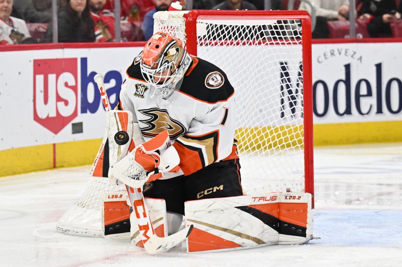 Dec 7, 2023; Chicago, Illinois, USA; Anaheim Ducks goaltender Lukas Dostal (1) makes a save on a shot from the Chicago Blackhawks in the third period at United Center. Mandatory Credit: Jamie Sabau-USA TODAY Sports