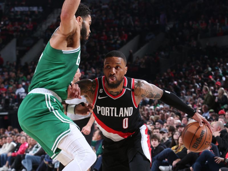 PORTLAND, OR - MARCH 17: Damian Lillard #0 of the Portland Trail Blazers drives to the basket against the Boston Celtics  on March 17, 2023 at the Moda Center Arena in Portland, Oregon. NOTE TO USER: User expressly acknowledges and agrees that, by downloading and or using this photograph, user is consenting to the terms and conditions of the Getty Images License Agreement. Mandatory Copyright Notice: Copyright 2023 NBAE (Photo by Sam Forencich/NBAE via Getty Images)