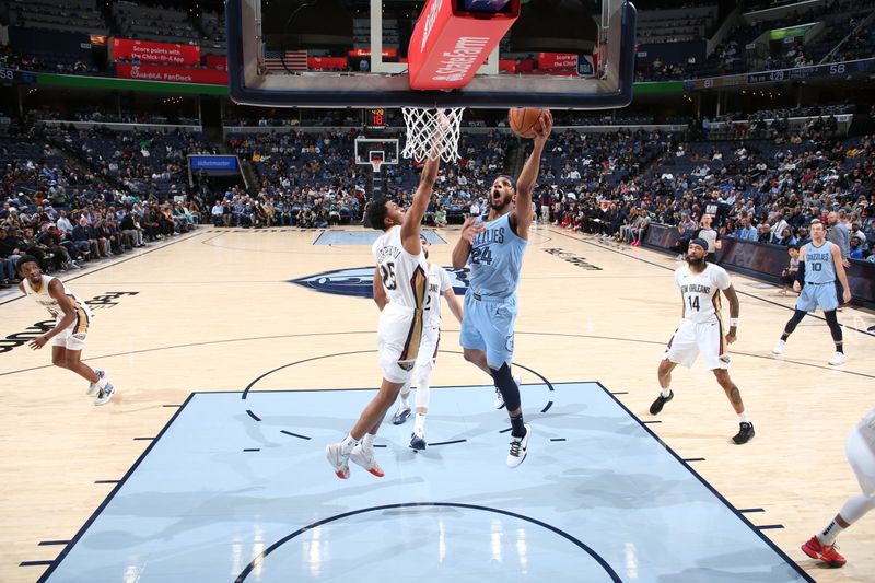 MEMPHIS, TN - FEBRUARY 12: Lamar Stevens #24 of the Memphis Grizzlies drives to the basket during the game against the New Orleans Pelicans on February 12, 2024 at FedExForum in Memphis, Tennessee. NOTE TO USER: User expressly acknowledges and agrees that, by downloading and or using this photograph, User is consenting to the terms and conditions of the Getty Images License Agreement. Mandatory Copyright Notice: Copyright 2024 NBAE (Photo by Joe Murphy/NBAE via Getty Images)