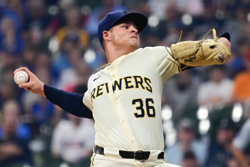 Aug 15, 2024; Milwaukee, Wisconsin, USA; Milwaukee Brewers starting pitcher Tobias Myers (36) throws against the Los Angeles Dodgers in the first inning at American Family Field. Mandatory Credit: Benny Sieu-USA TODAY Sports