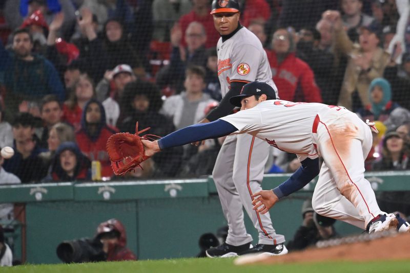 Apr 11, 20024; Boston, Massachusetts, USA; Boston Red Sox first baseman Triston Casas (36) makes a catch at first base against the Baltimore Orioles during the seventh inning at Fenway Park. Mandatory Credit: Eric Canha-USA TODAY Sports