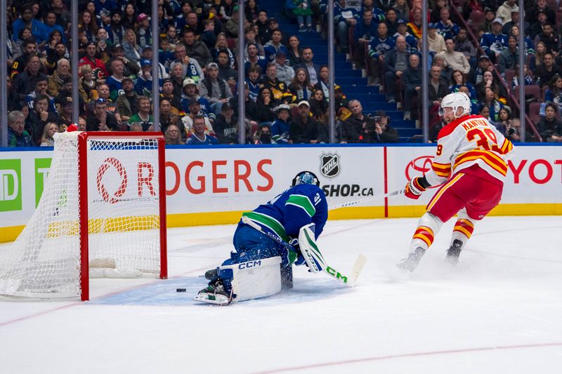 Oct 9, 2024; Vancouver, British Columbia, CAN; Calgary Flames forward Anthony Mantha (39) scores on Vancouver Canucks goalie Arturs Silovs (31) during the first period at Rogers Arena. Mandatory Credit: Bob Frid-Imagn Images