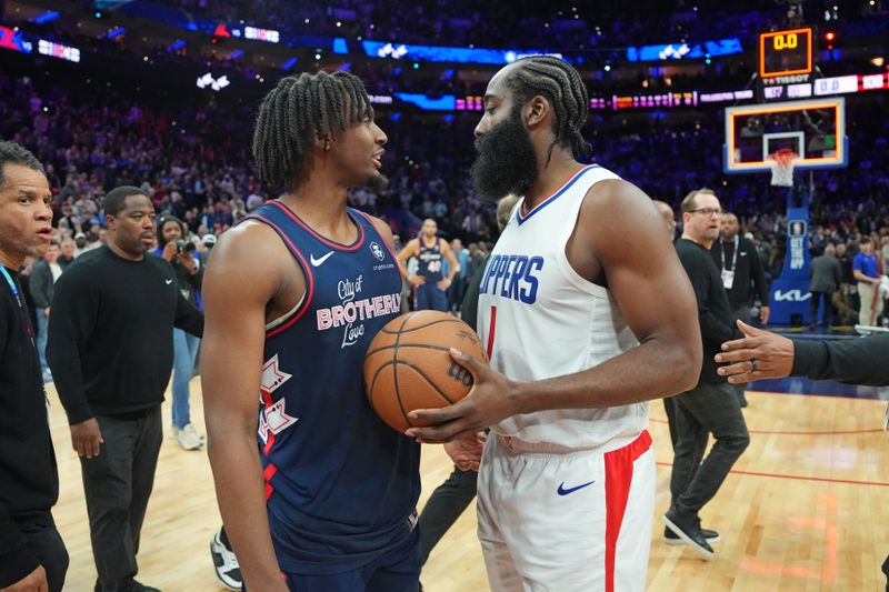 PHILADELPHIA, PA - MARCH 27: Tyrese Maxey #0 of the Philadelphia 76ers greets James Harden #1 of the LA Clippers after the game on March 27, 2024 at the Wells Fargo Center in Philadelphia, Pennsylvania NOTE TO USER: User expressly acknowledges and agrees that, by downloading and/or using this Photograph, user is consenting to the terms and conditions of the Getty Images License Agreement. Mandatory Copyright Notice: Copyright 2024 NBAE (Photo by Jesse D. Garrabrant/NBAE via Getty Images)