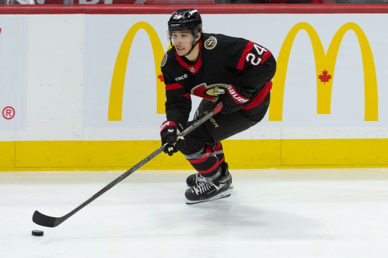 Jan 5, 2026; Ottawa, Ontario, CAN; Ottawa Senators center Dylan Cozens (24) skates with the puck in the third period against the Detroit Red Wings at the Canadian Tire Centre. Mandatory Credit: Marc DesRosiers-IMAGN Images