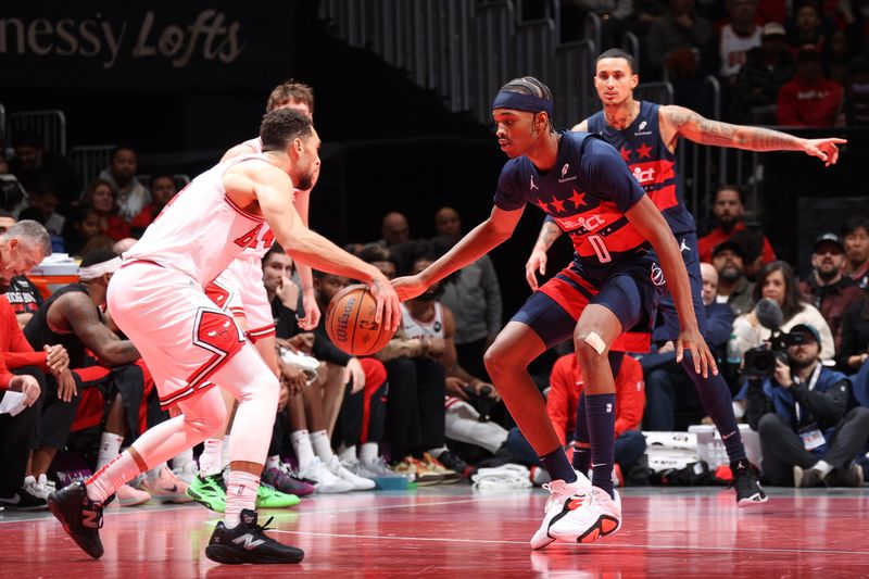 WASHINGTON, DC -? NOVEMBER 26: Bilal Coulibaly #0 of the Washington Wizards plays defense during the game against the Chicago Bulls during the Emirates NBA Cup game on November 26, 2024 at Capital One Arena in Washington, DC. NOTE TO USER: User expressly acknowledges and agrees that, by downloading and or using this Photograph, user is consenting to the terms and conditions of the Getty Images License Agreement. Mandatory Copyright Notice: Copyright 2024 NBAE (Photo by Stephen Gosling/NBAE via Getty Images)