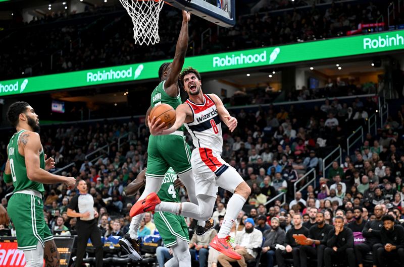 WASHINGTON, DC - OCTOBER 30: Deni Avdija #8 of the Washington Wizards drives to the basket in the third quarter against the Boston Celtics at Capital One Arena on October 30, 2023 in Washington, DC. NOTE TO USER: User expressly acknowledges and agrees that, by downloading and or using this photograph, User is consenting to the terms and conditions of the Getty Images License Agreement. (Photo by Greg Fiume/Getty Images)