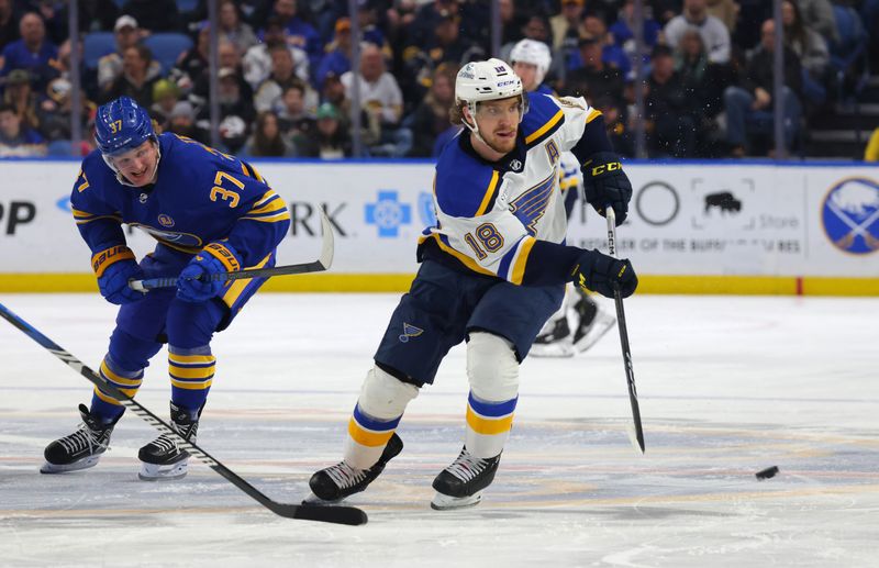 Feb 10, 2024; Buffalo, New York, USA;  Buffalo Sabres center Casey Mittelstadt (37) watches as St. Louis Blues center Robert Thomas (18) makes a pass during the third period at KeyBank Center. Mandatory Credit: Timothy T. Ludwig-USA TODAY Sports