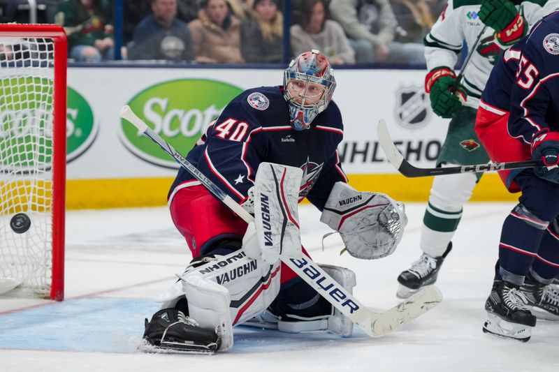 Jan 6, 2024; Columbus, Ohio, USA;  Columbus Blue Jackets goaltender Daniil Tarasov (40) follows the puck in play against the Minnesota Wild in the second period at Nationwide Arena. Mandatory Credit: Aaron Doster-USA TODAY Sports