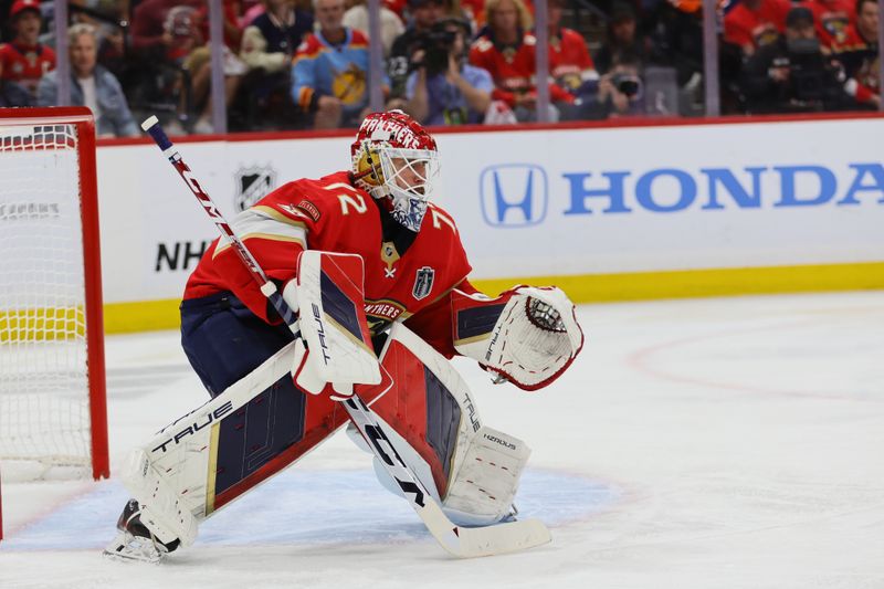 Jun 24, 2024; Sunrise, Florida, USA;  goaltender Sergei Bobrovsky (72) watches play during the third period against the Edmonton Oilers in game seven of the 2024 Stanley Cup Final at Amerant Bank Arena. Mandatory Credit: Sam Navarro-USA TODAY Sports