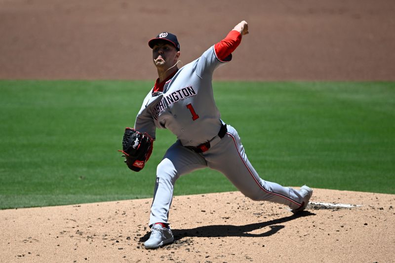 Jun 25, 2025; San Diego, California, USA; Washington Nationals starting pitcher MacKenzie Gore (1) delivers during the second inning against the against the San Diego Padres at Petco Park. Mandatory Credit: Denis Poroy-Imagn Images