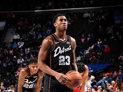 PHILADELPHIA, PA - DECEMBER 15: Jaden Ivey #23 of the Detroit Pistons shoots a free throw during the game against the Philadelphia 76ers on December 15, 2023 at the Wells Fargo Center in Philadelphia, Pennsylvania NOTE TO USER: User expressly acknowledges and agrees that, by downloading and/or using this Photograph, user is consenting to the terms and conditions of the Getty Images License Agreement. Mandatory Copyright Notice: Copyright 2023 NBAE (Photo by David Dow/NBAE via Getty Images)