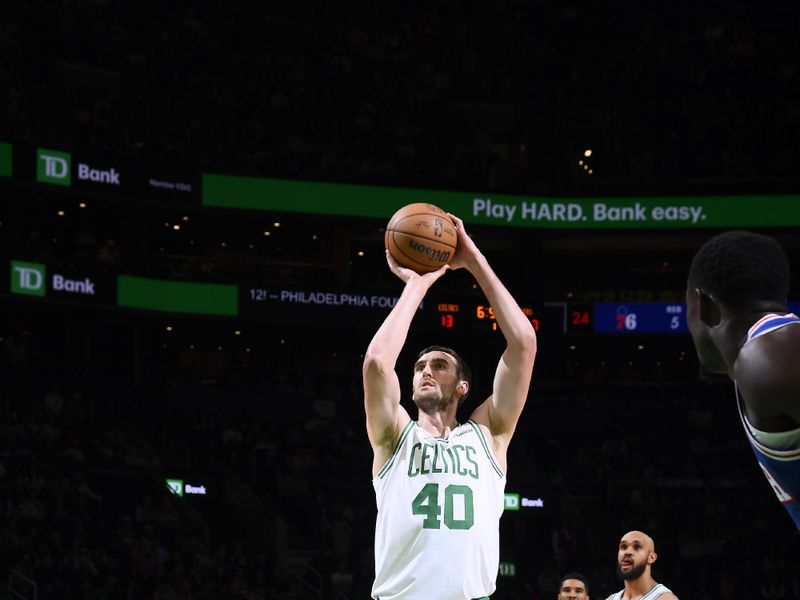 BOSTON, MA - OCTOBER 12: Luke Kornet #40 of the Boston Celtics shoots a free throw during the game against the Philadelphia 76ers during a NBA Preseason game on October 12, 2024 at TD Garden in Boston, Massachusetts. NOTE TO USER: User expressly acknowledges and agrees that, by downloading and/or using this Photograph, user is consenting to the terms and conditions of the Getty Images License Agreement. Mandatory Copyright Notice: Copyright 2024 NBAE (Photo by Brian Babineau/NBAE via Getty Images)