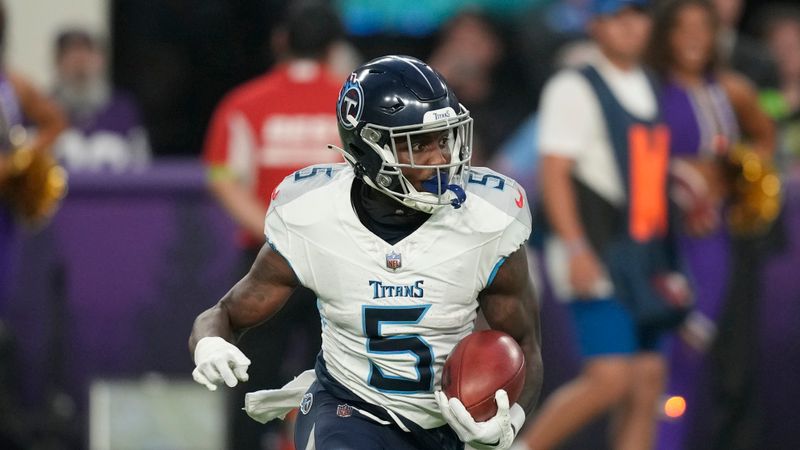 Tennessee Titans wide receiver Kearis Jackson runs up field during an NFL football game against the Minnesota Vikings, Saturday, Aug. 19, 2023, in Minneapolis. (AP Photo/Charlie Neibergall)