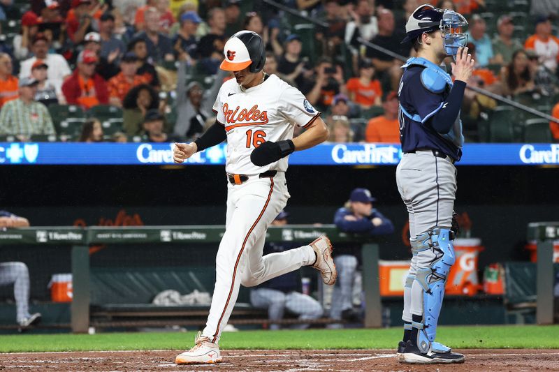 Sep 23, 2025; Baltimore, Maryland, USA; Baltimore Orioles first baseman Coby Mayo (16) scores during the third inning against the Tampa Bay Rays at Oriole Park at Camden Yards. Mandatory Credit: Daniel Kucin Jr.-Imagn Images