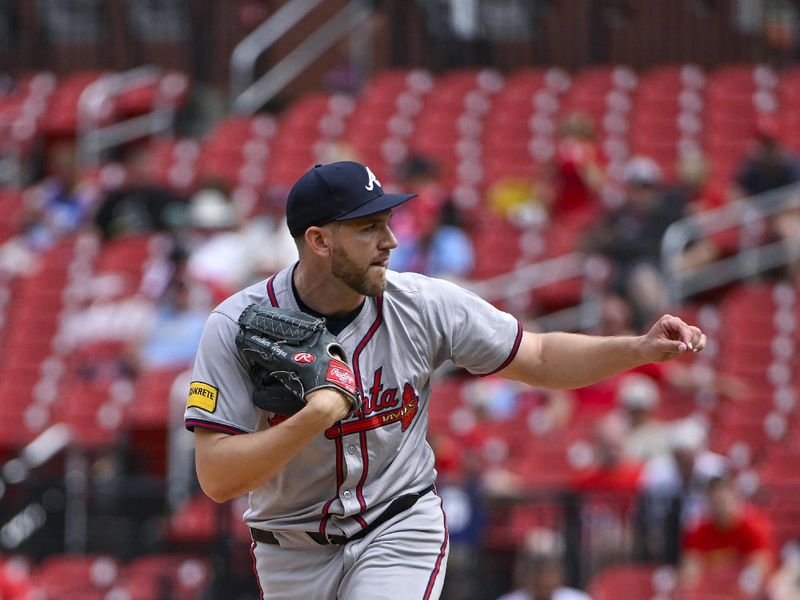 Jun 26, 2024; St. Louis, Missouri, USA;  Atlanta Braves relief pitcher Dylan Lee (52) pitches against the St. Louis Cardinals during the sixth inning at Busch Stadium. Mandatory Credit: Jeff Curry-USA TODAY Sports