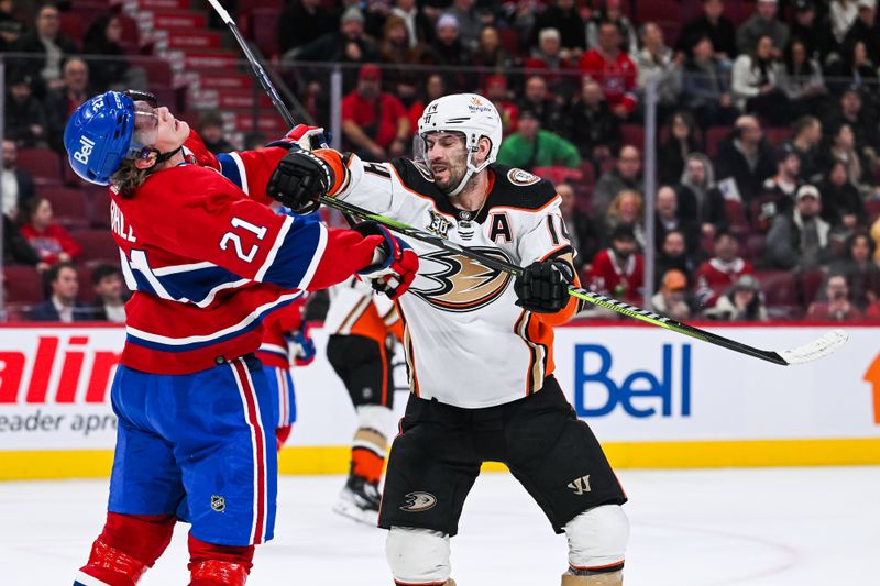 Feb 13, 2024; Montreal, Quebec, CAN; Anaheim Ducks center Adam Henrique (14) hits Montreal Canadiens defenseman Kaiden Guhle (21) during the third period at Bell Centre. Mandatory Credit: David Kirouac-USA TODAY Sports