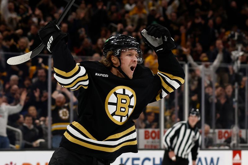 Feb 29, 2024; Boston, Massachusetts, USA; Boston Bruins center Jesper Boqvist (70) celebrates his goal against the Vegas Golden Knights during the first period at TD Garden. Mandatory Credit: Winslow Townson-USA TODAY Sports