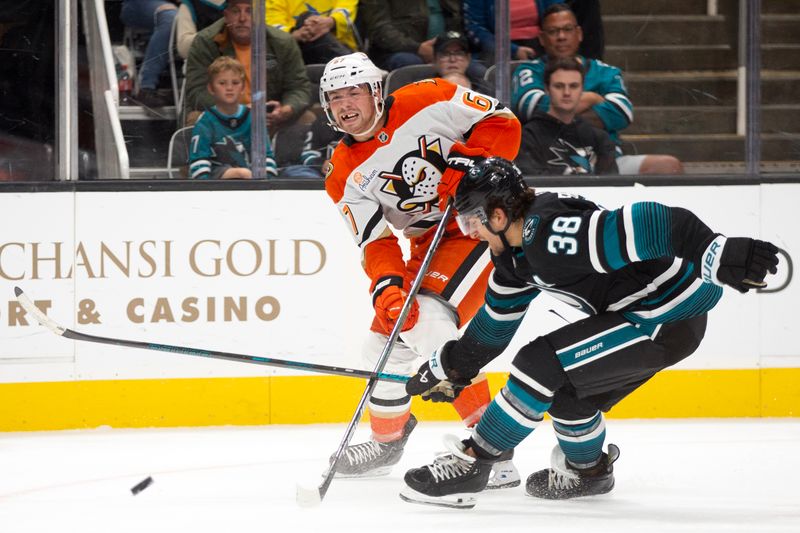 Oct 12, 2024; San Jose, California, USA; Anaheim Ducks defenseman Tristan Luneau (67) shoots the puck against San Jose Sharks defenseman Mario Ferraro (38) during the second period at SAP Center at San Jose. Mandatory Credit: D. Ross Cameron-Imagn Images