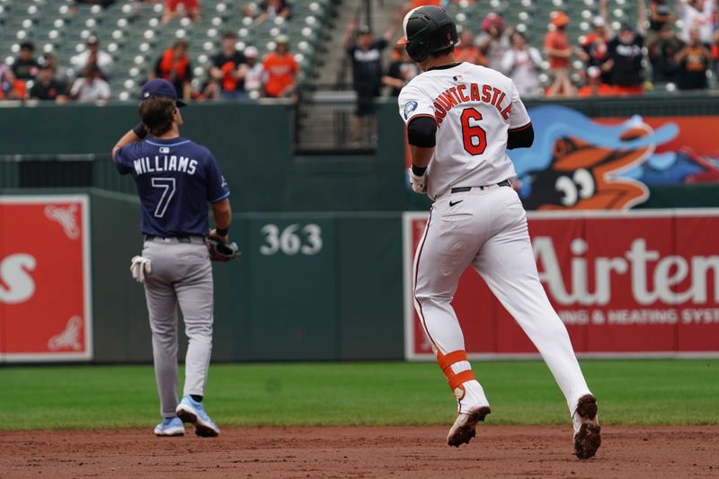 Sep 25, 2025; Baltimore, Maryland, USA; Baltimore Orioles designated hitter Ryan Mountcastle (6) rounds the bases following his solo home run in the third inning against the Tampa Bay Rays at Oriole Park at Camden Yards. Mandatory Credit: Mitch Stringer-Imagn Images