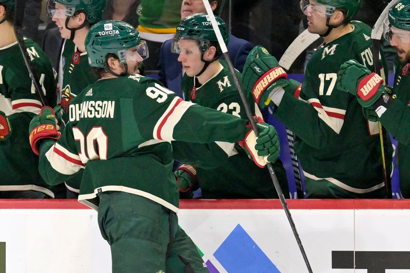 Jan 23, 2024; Saint Paul, Minnesota, USA;  Minnesota Wild forward Marcus Johansson (90) celebrates his second goal of the night against the Washington Capitals during the third period at Xcel Energy Center. Mandatory Credit: Nick Wosika-USA TODAY Sports