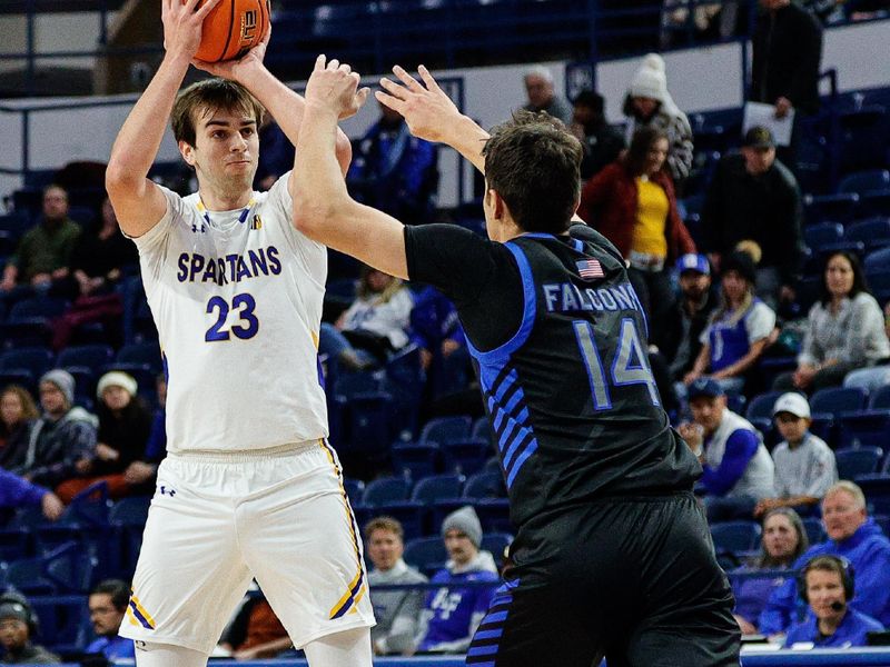 Jan 13, 2024; Colorado Springs, Colorado, USA; San Jose State Spartans forward Diogo Seixas (23) attempts a shot under pressure from Air Force Falcons forward Beau Becker (14) in the first half at Clune Arena. Mandatory Credit: Isaiah J. Downing-USA TODAY Sports