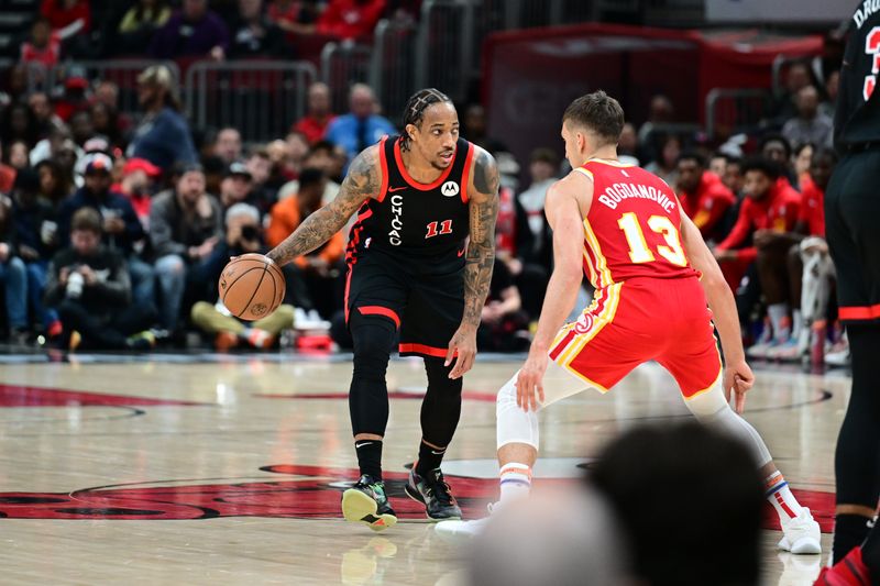 CHICAGO, IL - APRIL 1: DeMar DeRozan #11 of the Chicago Bulls dribbles the ball during the game against the Atlanta Hawks on April 1, 2024 at United Center in Chicago, Illinois. NOTE TO USER: User expressly acknowledges and agrees that, by downloading and or using this photograph, User is consenting to the terms and conditions of the Getty Images License Agreement. Mandatory Copyright Notice: Copyright 2024 NBAE (Photo by Adam Hagy/NBAE via Getty Images)