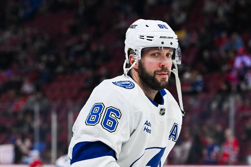 Jan 21, 2025; Montreal, Quebec, CAN; Tampa Bay Lightning right wing Nikita Kucherov (86) looks on during warm-up before the game against the Montreal Canadiens at Bell Centre. Mandatory Credit: David Kirouac-Imagn Images