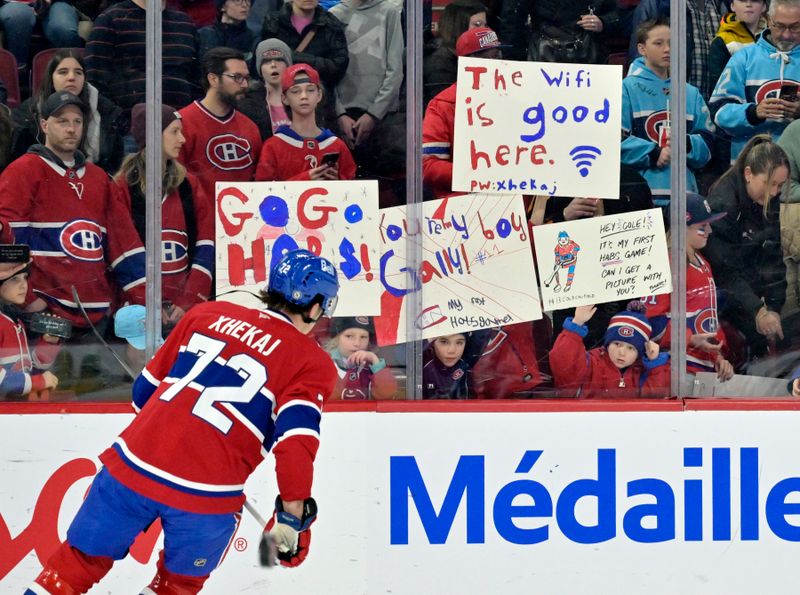 Mar 3, 2025; Montreal, Quebec, CAN; Montreal Canadiens defenseman Arber Xhekaj (72) skates during the warmup period before the game against the Buffalo Sabres at the Bell Centre. Mandatory Credit: Eric Bolte-Imagn Images
