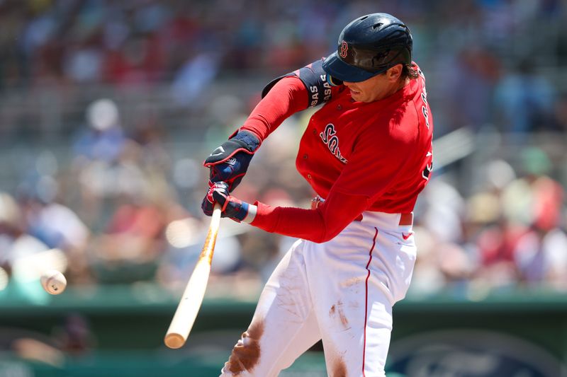 Mar 28, 2023; Fort Myers, Florida, USA;  Boston Red Sox first baseman Triston Casas (36) hits a home run against the Atlanta Braves in the second inning during spring training at JetBlue Park at Fenway South. Mandatory Credit: Nathan Ray Seebeck-USA TODAY Sports