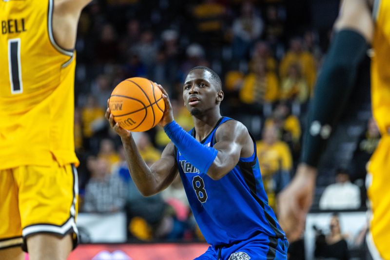 Jan 14, 2024; Wichita, Kansas, USA; Wichita State Shockers guard Yanis Bamba (8) looks to make a shot during the second half against the Wichita State Shockers  at Charles Koch Arena. Mandatory Credit: William Purnell-USA TODAY Sports