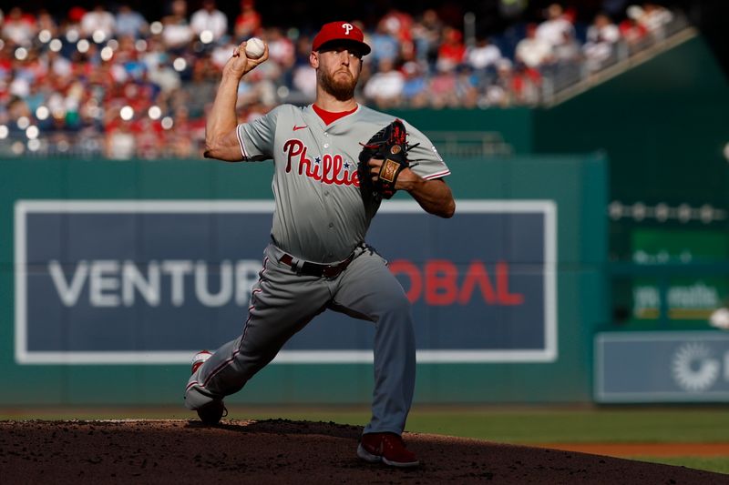 Sep 28, 2024; Washington, District of Columbia, USA; Philadelphia Phillies starting pitcher Zack Wheeler (45) pitches against the Washington Nationals during the first inning at Nationals Park. Mandatory Credit: Geoff Burke-Imagn Images