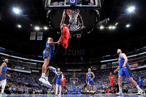 ORLANDO, FL - OCTOBER 25: Jalen Green #4 of the Houston Rockets dunks the ball during the game against the Orlando Magic on October 25, 2023 at Amway Center in Orlando, Florida. NOTE TO USER: User expressly acknowledges and agrees that, by downloading and or using this photograph, User is consenting to the terms and conditions of the Getty Images License Agreement. Mandatory Copyright Notice: Copyright 2023 NBAE (Photo by Fernando Medina/NBAE via Getty Images)