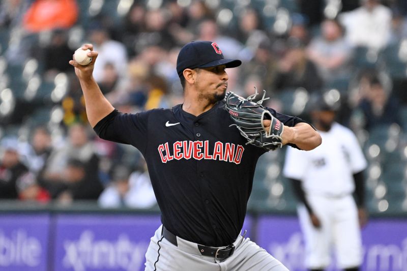 May 10, 2024; Chicago, Illinois, USA;  Cleveland Guardians pitcher Carlos Carrasco (59) delivers the ball during the first inning against the Chicago White Sox at Guaranteed Rate Field. Mandatory Credit: Matt Marton-USA TODAY Sports