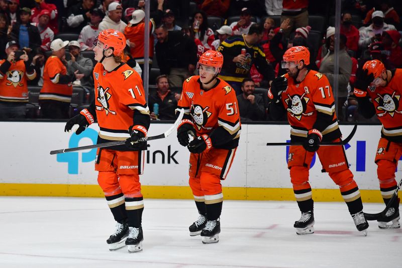 Nov 15, 2024; Anaheim, California, USA; Anaheim Ducks center Trevor Zegras (11) reacts after scoring a power play goal against the Detroit Red Wings during the second period at Honda Center. Mandatory Credit: Gary A. Vasquez-Imagn Images