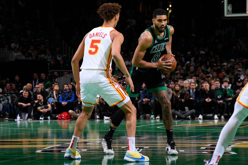 BOSTON, MA - NOVEMBER 12: Jayson Tatum #0 of the Boston Celtics handles the ball during the game against the Atlanta Hawks during the Emirates NBA Cup game on November 12, 2024 at TD Garden in Boston, Massachusetts. NOTE TO USER: User expressly acknowledges and agrees that, by downloading and/or using this Photograph, user is consenting to the terms and conditions of the Getty Images License Agreement. Mandatory Copyright Notice: Copyright 2024 NBAE (Photo by Brian Babineau/NBAE via Getty Images)