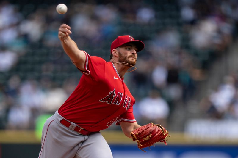 Sep 13, 2023; Seattle, Washington, USA; Los Angeles Angels starter Andrew Wantz (60) delivers a pitch during the second inning against the Seattle Mariners at T-Mobile Park. Mandatory Credit: Stephen Brashear-USA TODAY Sports