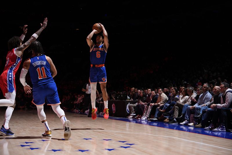 PHILADELPHIA, PA - JANUARY 5: Quentin Grimes #6 of the New York Knicks shoots a three point basket against the Philadelphia 76ers on January 5, 2024 at the Wells Fargo Center in Philadelphia, Pennsylvania NOTE TO USER: User expressly acknowledges and agrees that, by downloading and/or using this Photograph, user is consenting to the terms and conditions of the Getty Images License Agreement. Mandatory Copyright Notice: Copyright 2024 NBAE (Photo by Jesse D. Garrabrant/NBAE via Getty Images)