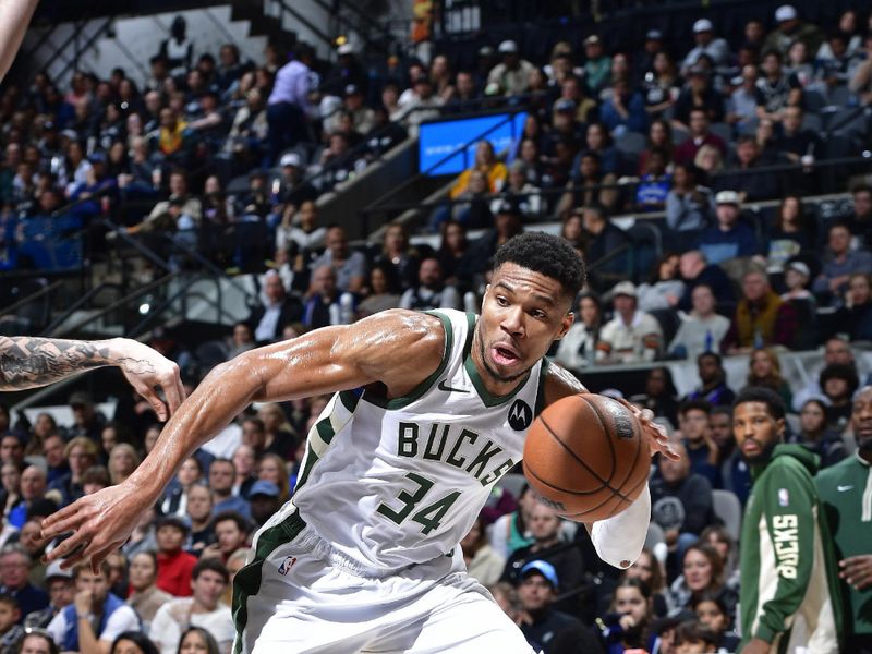 SAN ANTONIO, TX - JANUARY 4: Giannis Antetokounmpo #34 of the Milwaukee Bucks drives to the basket during the game against the San Antonio Spurs on January 4, 2024 at the Frost Bank Center in San Antonio, Texas. NOTE TO USER: User expressly acknowledges and agrees that, by downloading and or using this photograph, User is consenting to the terms and conditions of the Getty Images License Agreement. Mandatory Copyright Notice: Copyright 2024 NBAE (Photo by Logan Riely/NBAE via Getty Images)