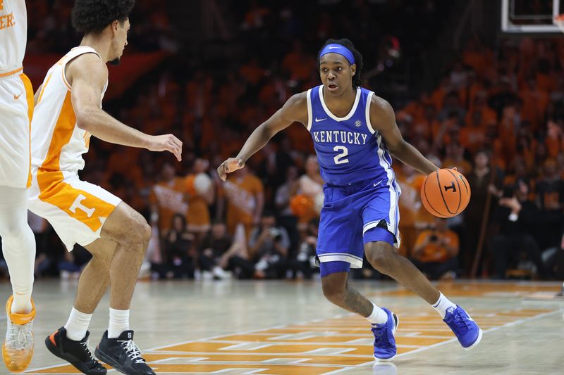 Jan 17, 2026; Knoxville, Tennessee, USA;  Kentucky Wildcats guard Jasper Johnson (2) brings the ball up court against the Tennessee Volunteers during the second half at Thompson-Boling Arena at Food City Center. Mandatory Credit: Randy Sartin-Imagn Images